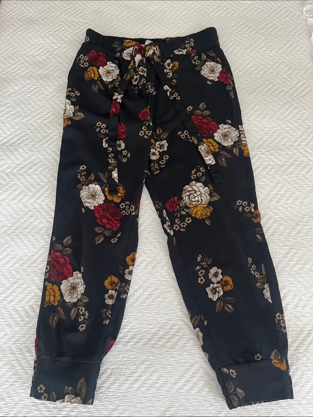 Black Floral Drawstring pants